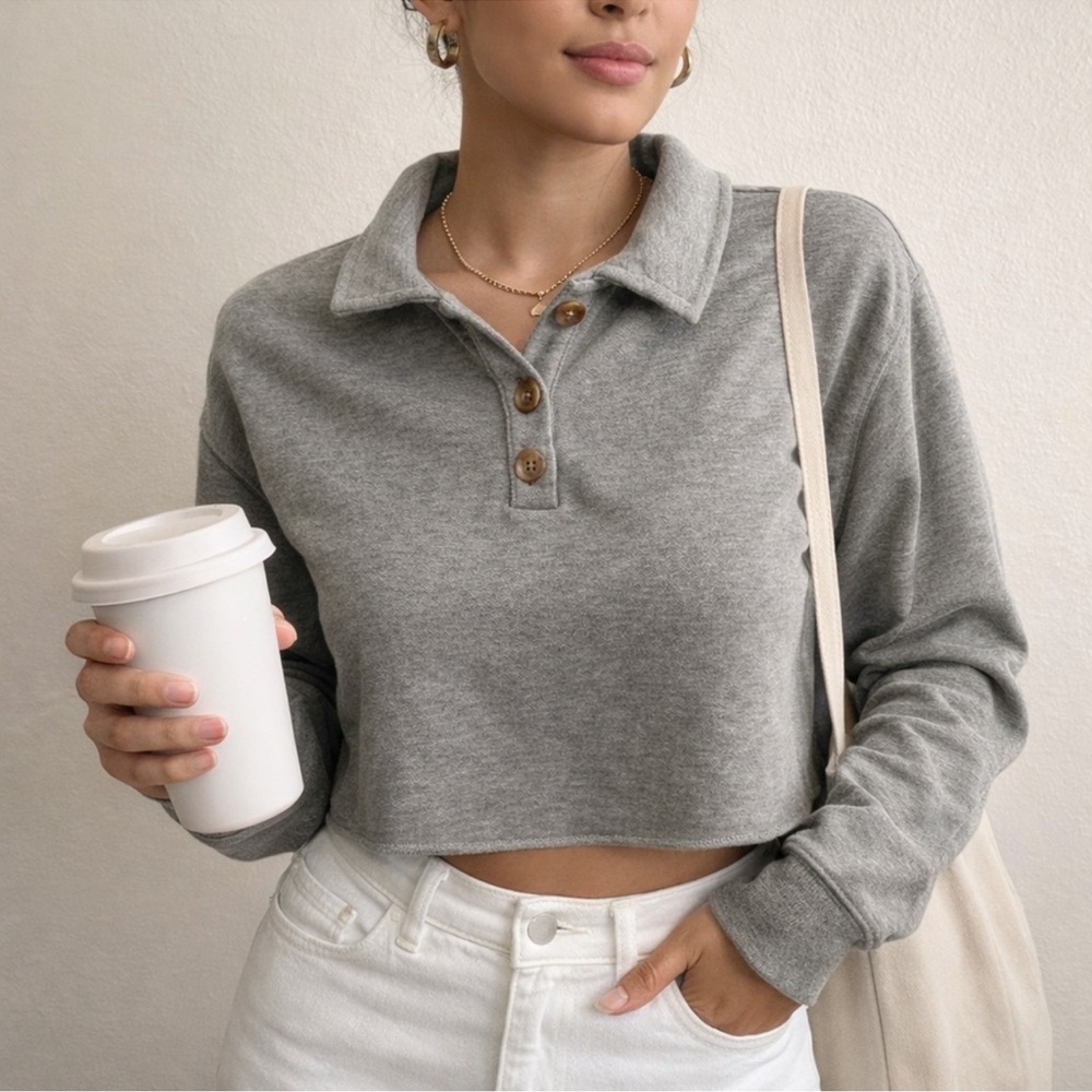 Wild Fable Gray Button-Up Collared Sweatshirt - Picture 1 of 5